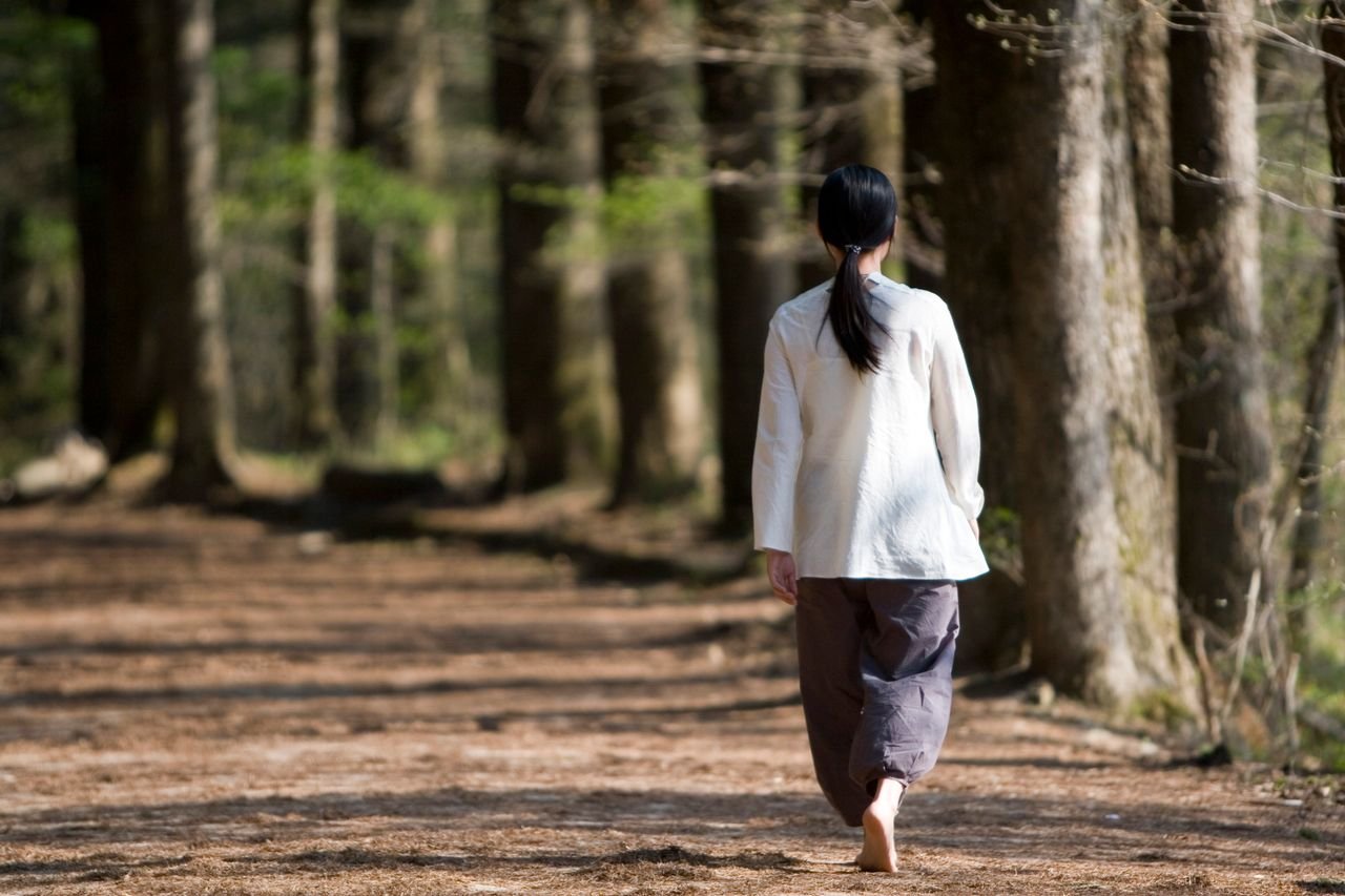 Mulher caminhando lentamente por trilha na floresta em prática de caminhada mindful